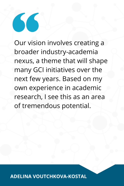 Quote from Adelina Voutchkova-Kostal that reads, Our vision involves creating broader industry-academia nexus, a theme that will shape many GCI initiatves over the next few years. Based on my own experience in academic research, I see this as an area of tremendous potential. 