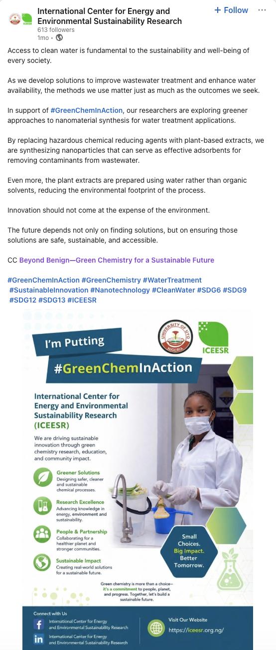 Screenshot of a LinkedIn GreenChemInAction post from the International Center for Energy and Environmental Sustainability Research.