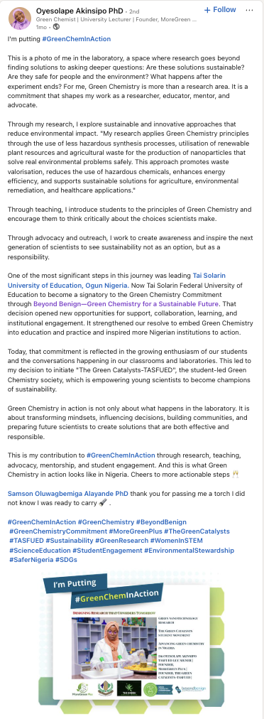 Screenshot of a LinkedIn GreenChemInAction post from Oyesolape Akinsipo about green chemistry outreach and education.