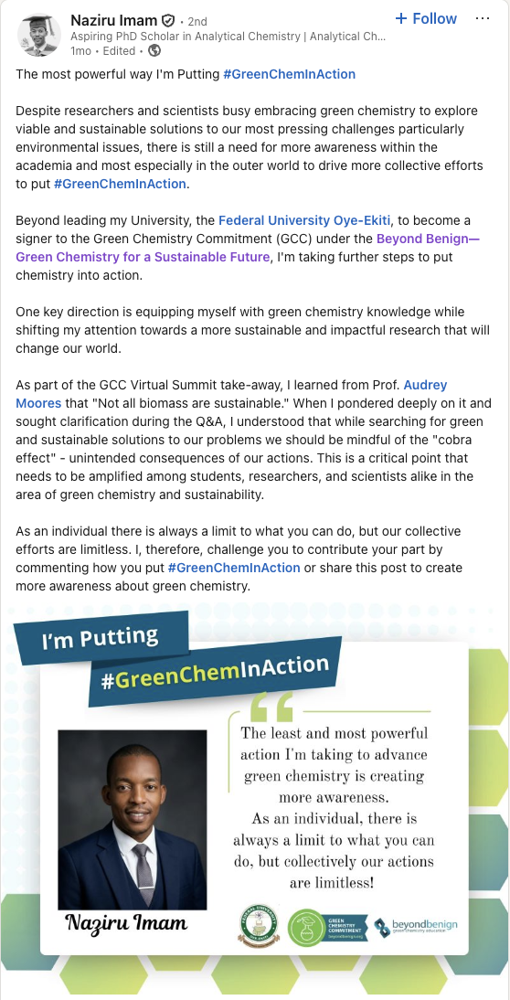 Screenshot of a LinkedIn GreenChemInAction post from Naziru Imam about advancing green chemistry education and research.