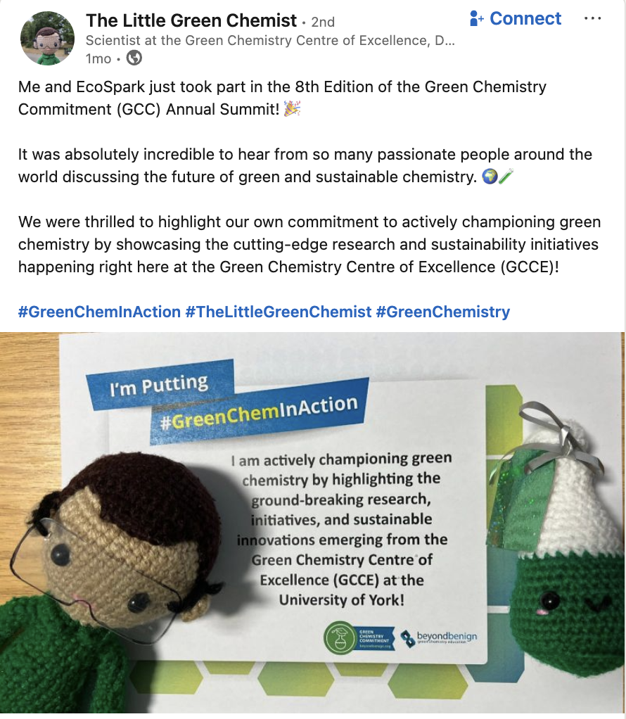 Screenshot of a LinkedIn GreenChemInAction post from The Little Green Chemist featuring green chemistry outreach.