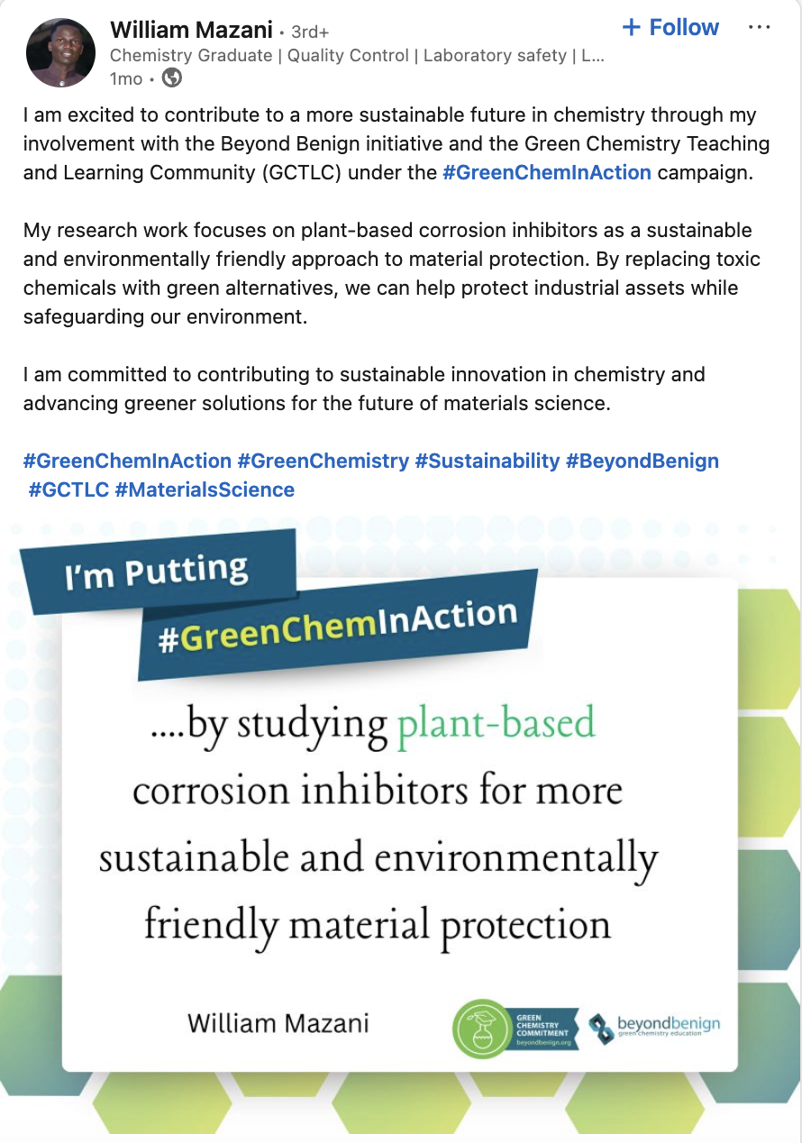 Screenshot of a LinkedIn GreenChemInAction post from William Mazani about plant-based corrosion inhibitor research.