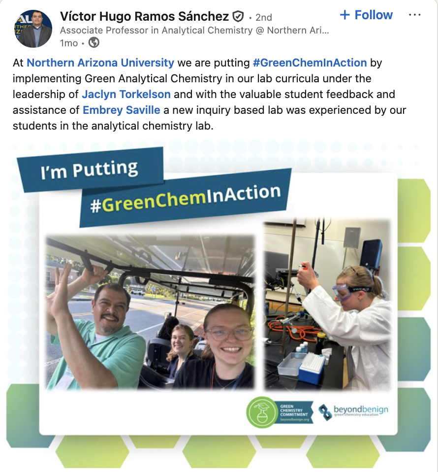 Screenshot of a LinkedIn GreenChemInAction post from Víctor Hugo Ramos Sánchez about undergraduate laboratory work.