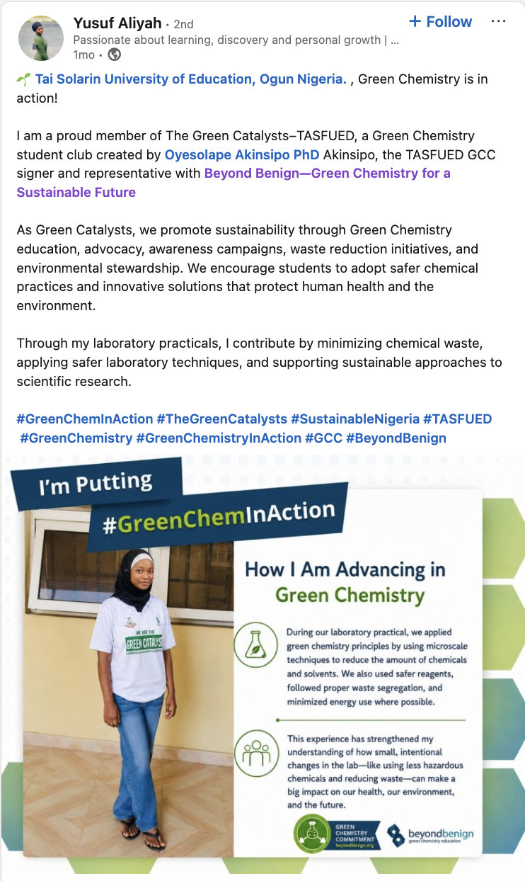 Screenshot of a LinkedIn GreenChemInAction post from Yusuf Aliyah about green chemistry education and advocacy.