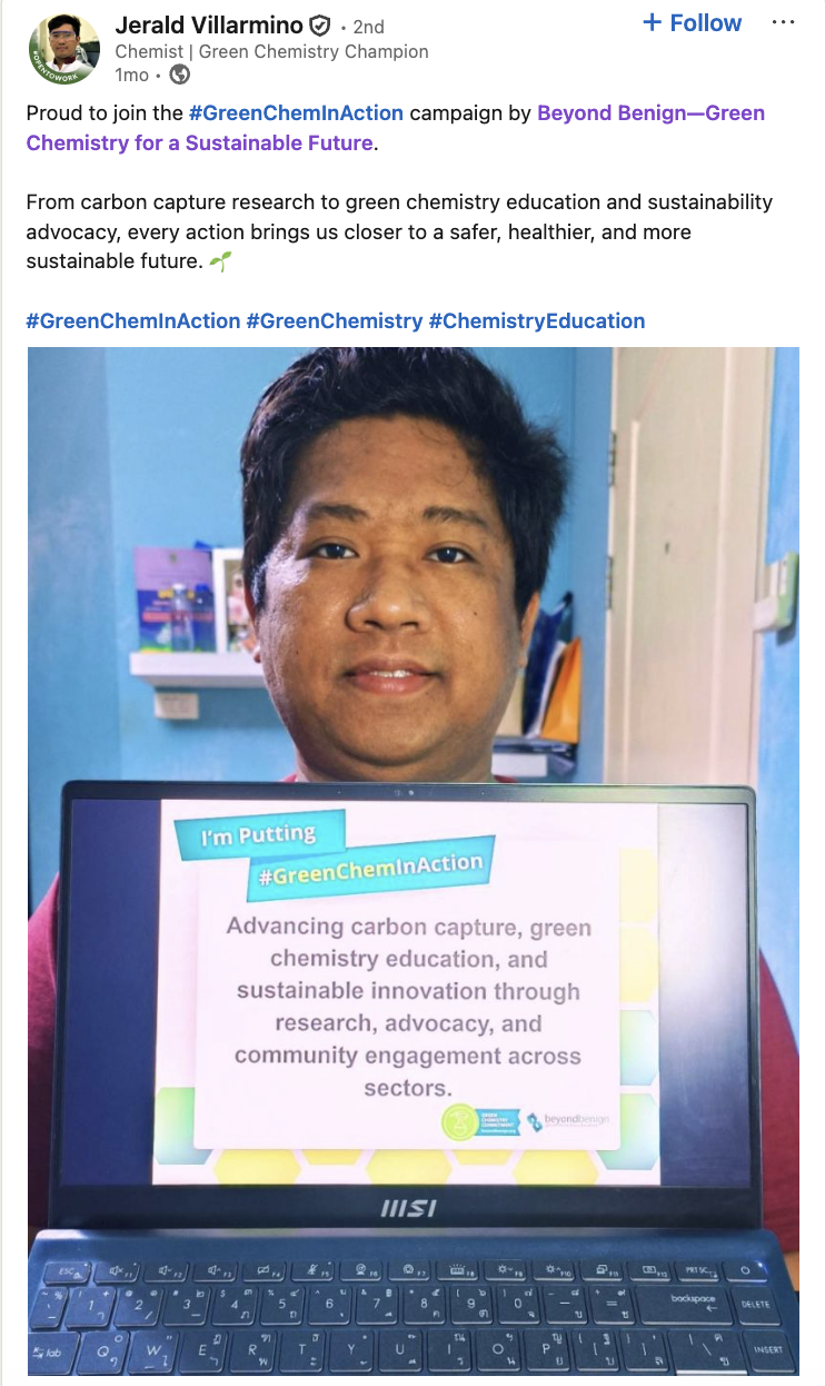 Screenshot of a LinkedIn GreenChemInAction post from Jerald Villarmino about green chemistry education, research, and advocacy.