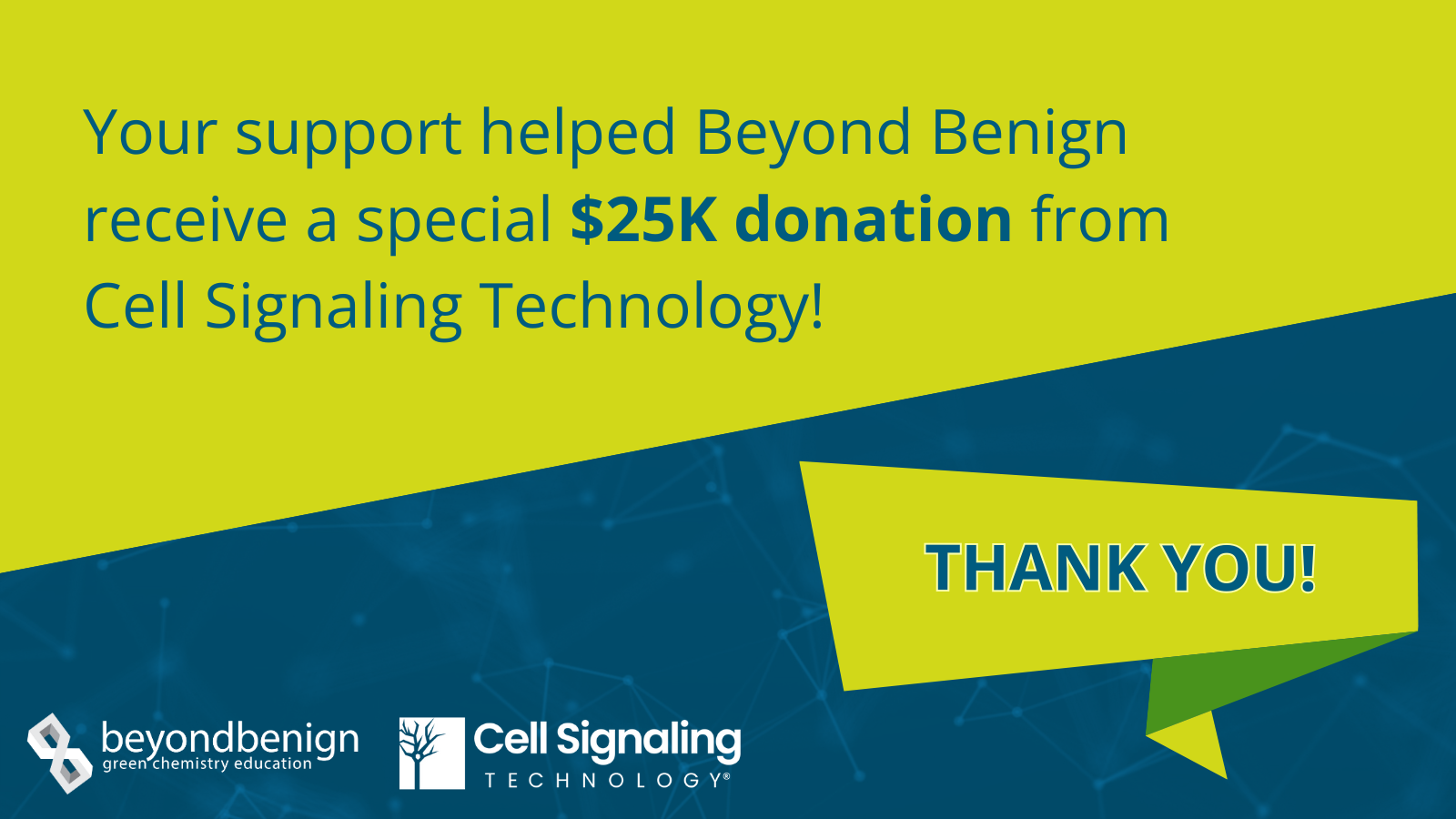 Graphic that reads, "Your support helped Beyond Benign receive a special twenty-five thousand dollar donation from Cell Signaling Technology. Thank you!". 